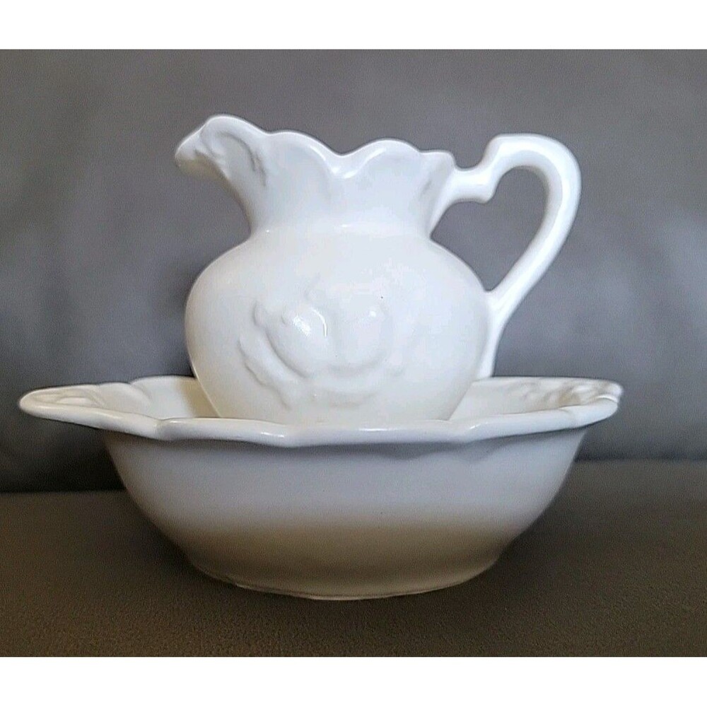 Mini Water Pitcher & Bowl - White - Flower - Ceramic - Made in USA